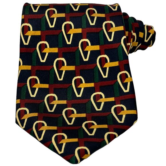 Burberrys Mens Tie Necktie Blue Gold Red Green Geometric Silk Made In England - Picture 1 of 7